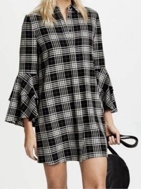 Alice + Olivia Black and White Plaid Bell-Sleeve Mini Dress XS